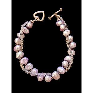 925 Sterling Silver Natural Pearl Glass And Silver Bali Bead Bracelet 8.5"